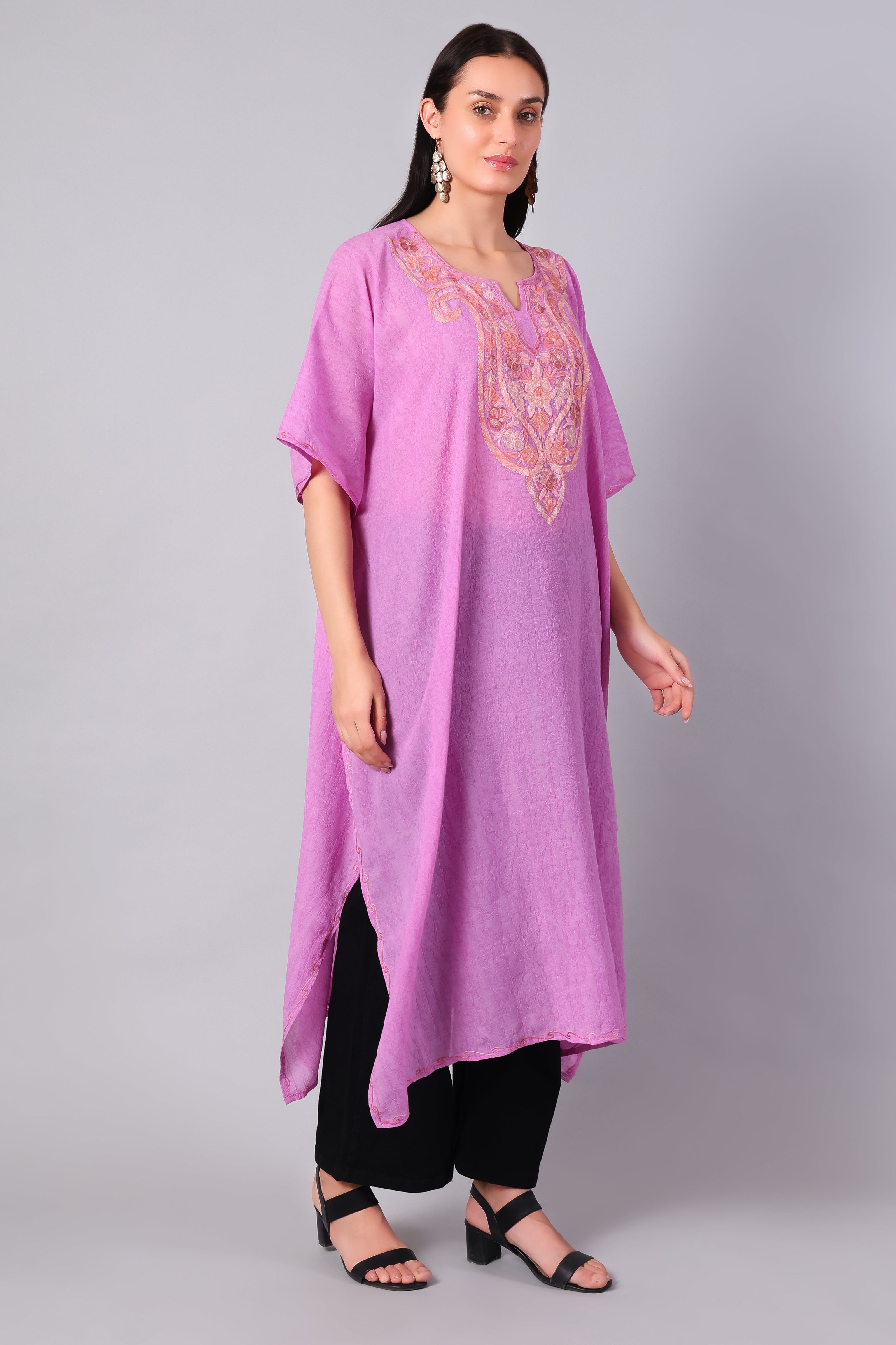 Gulbahar — Rose Pink Kashmiri Kaftan with Peach and Gold Aari Embroidery