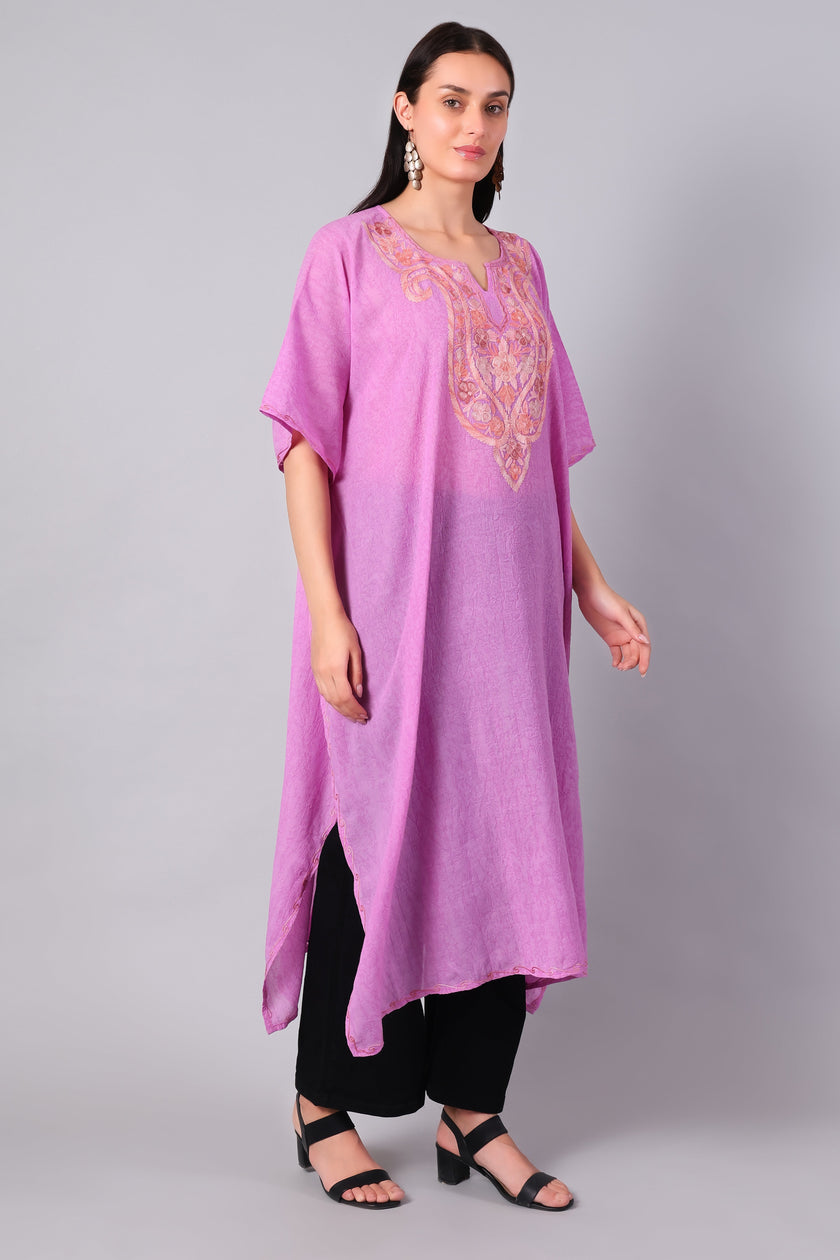 Gulbahar — Rose Pink Kashmiri Kaftan with Peach and Gold Aari Embroidery