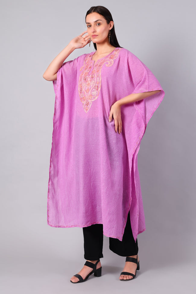 Gulbahar — Rose Pink Kashmiri Kaftan with Peach and Gold Aari Embroidery