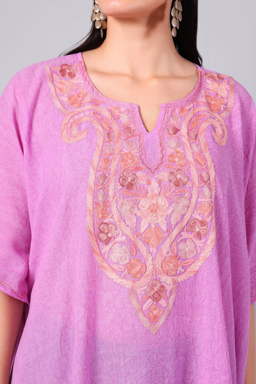 Gulbahar — Rose Pink Kashmiri Kaftan with Peach and Gold Aari Embroidery