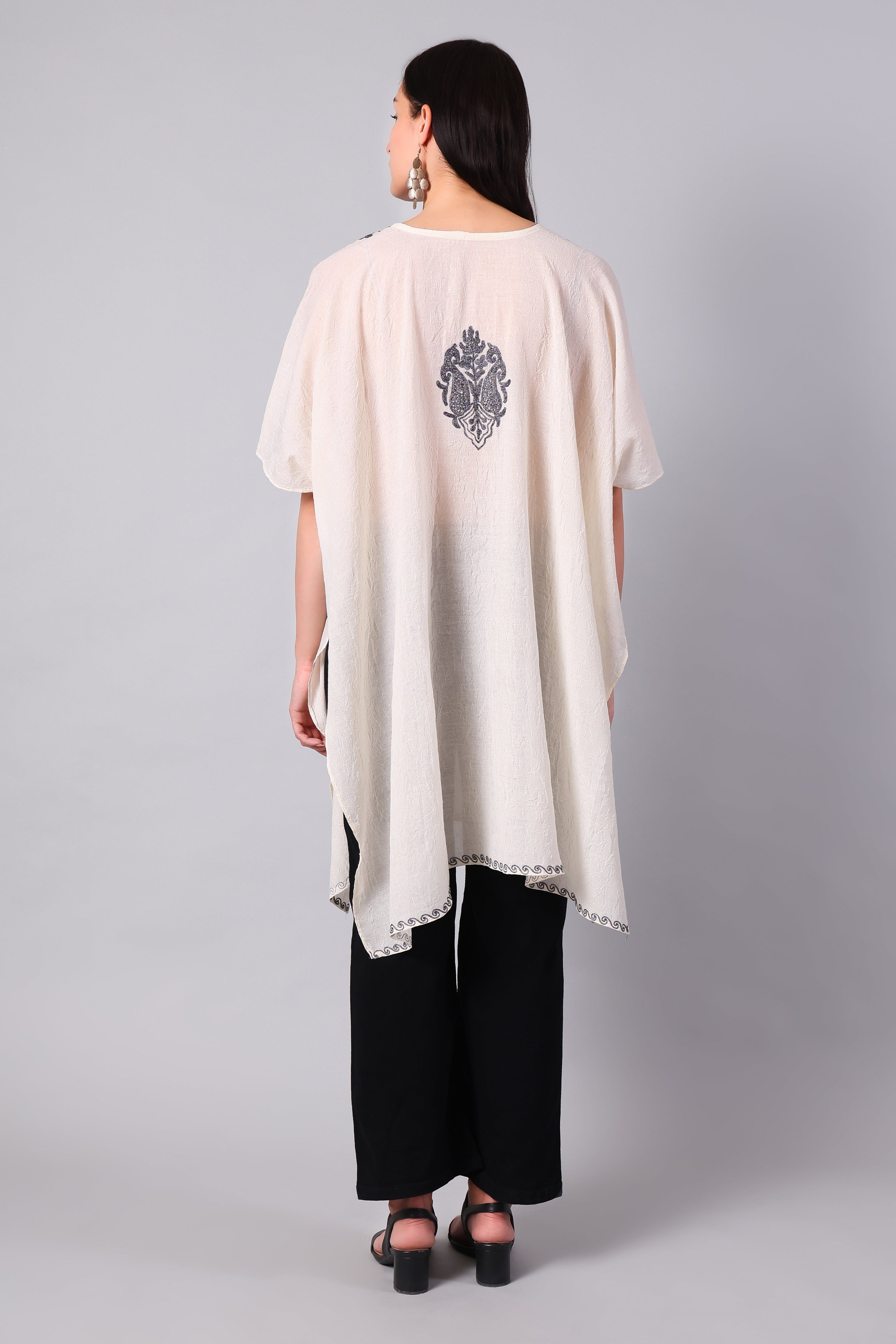 Gulbahar — Off-White Kashmiri Kaftan with Charcoal Aari Embroidery