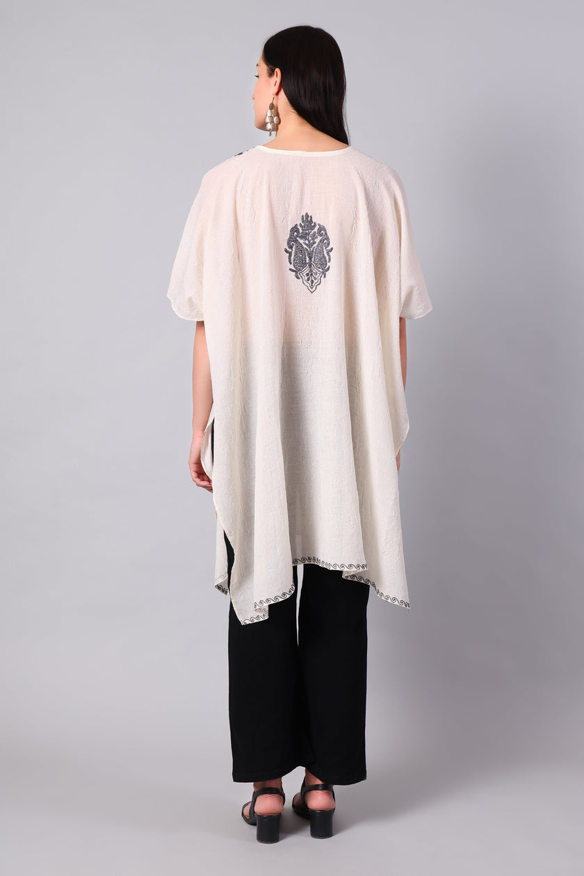 Gulbahar — Off-White Kashmiri Kaftan with Charcoal Aari Embroidery