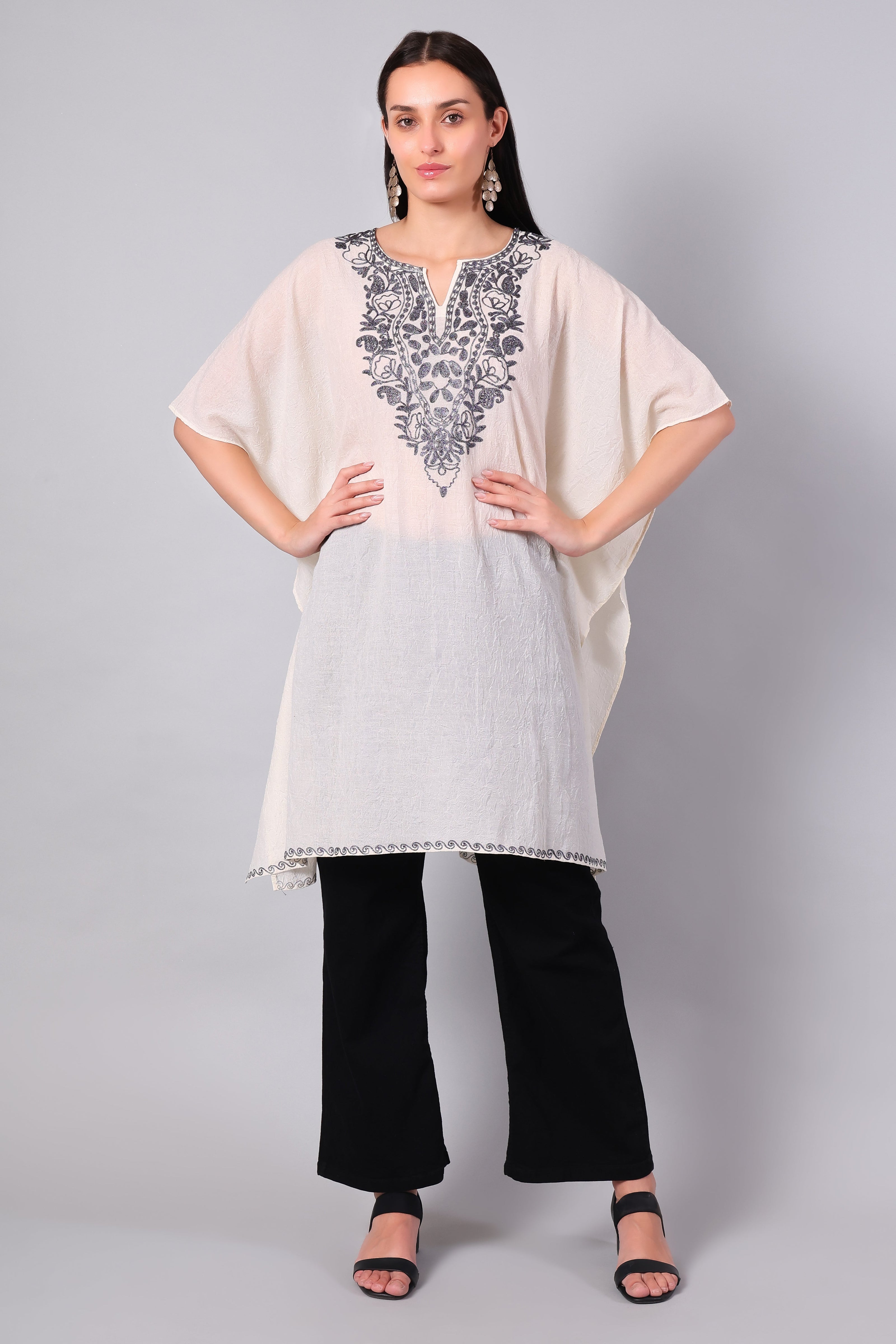 Off-White Kashmiri Kaftan with Charcoal Aari Embroidery — front view