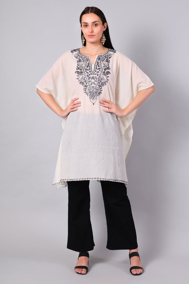 Off-White Kashmiri Kaftan with Charcoal Aari Embroidery — front view