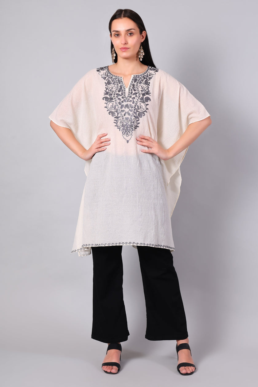 Off-White Kashmiri Kaftan with Charcoal Aari Embroidery — front view