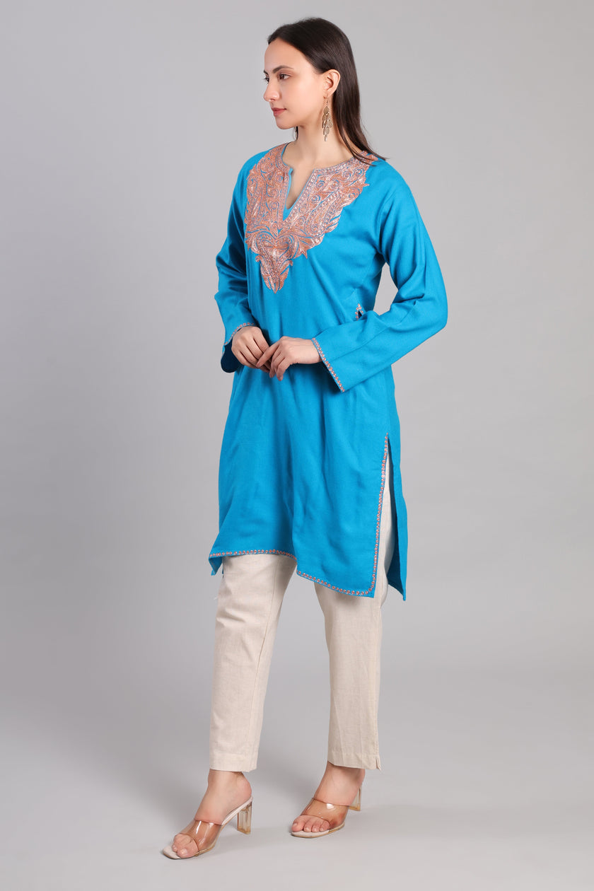 Cerulean Blue Kashmiri Woolen Pheran with Copper Boti Tilla Embroidery