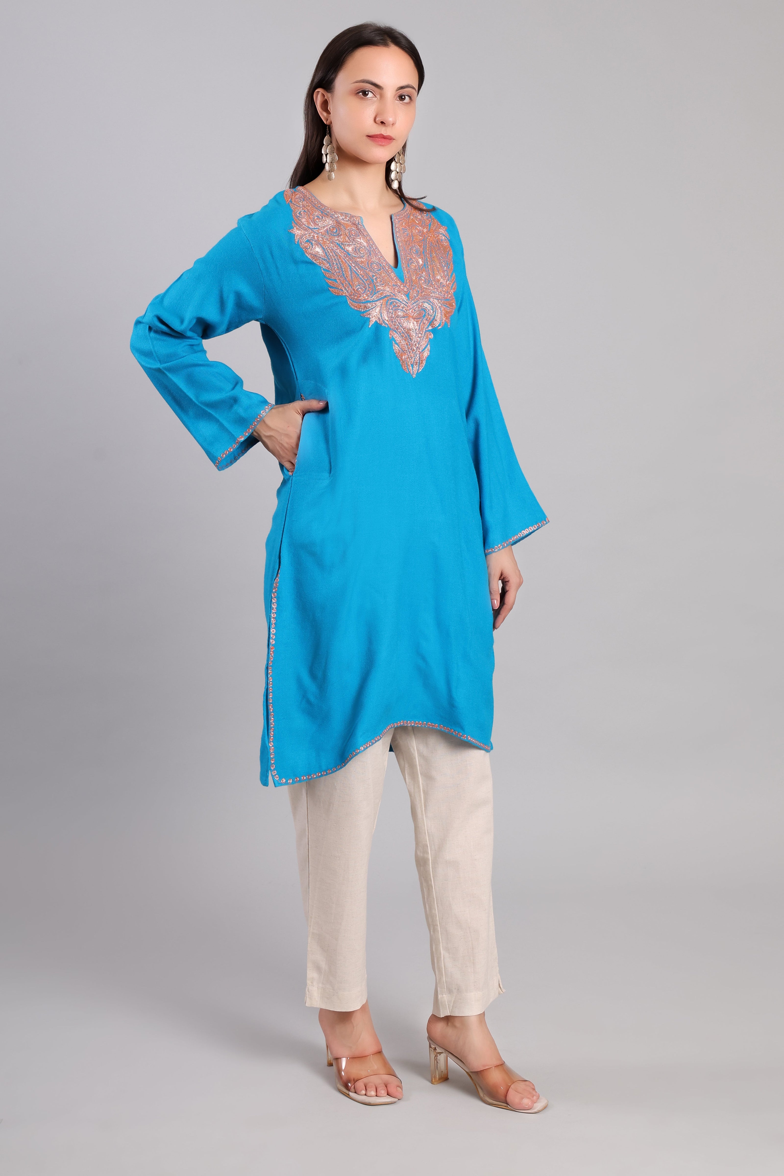 Cerulean Blue Kashmiri Woolen Pheran with Copper Boti Tilla Embroidery
