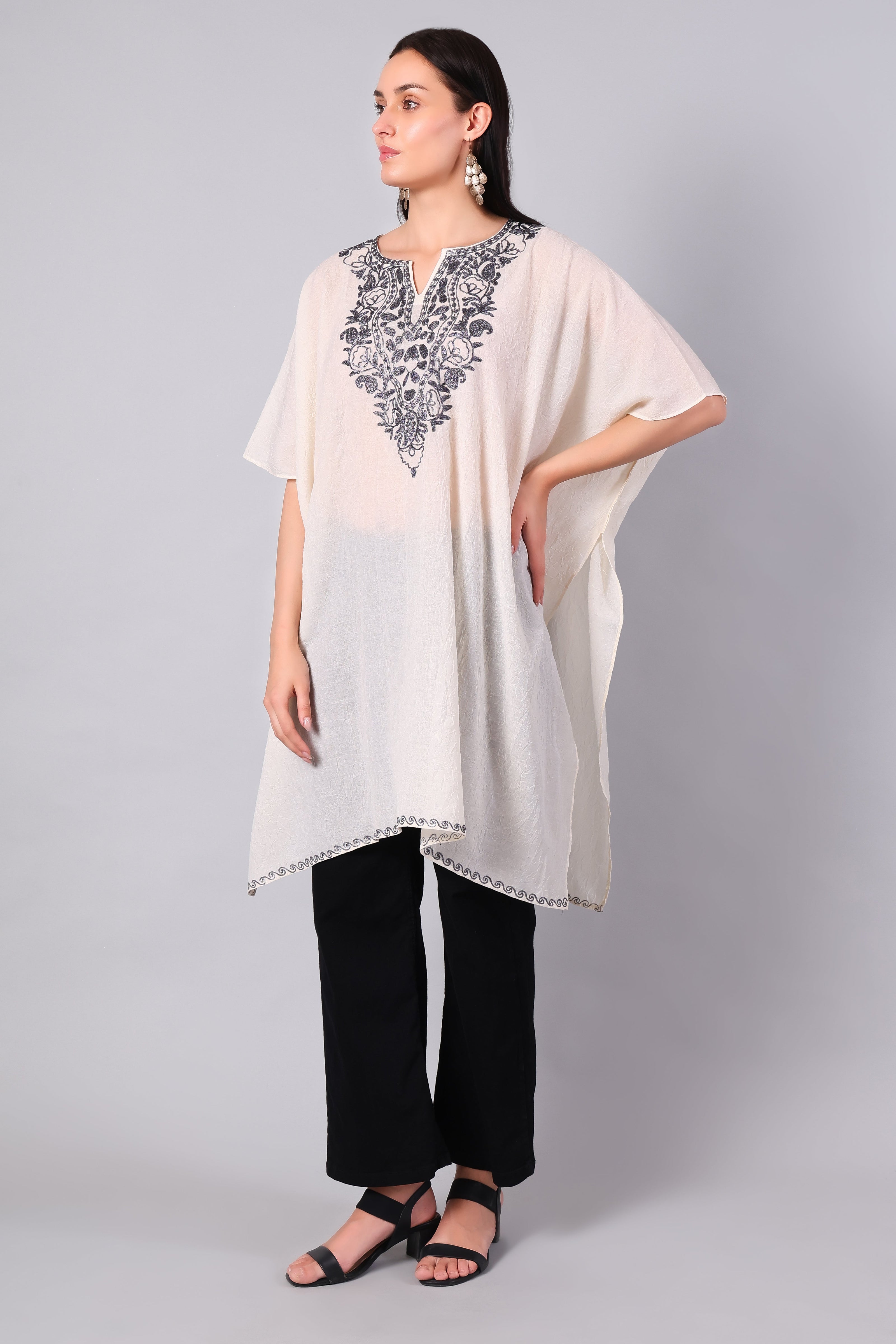 Gulbahar — Off-White Kashmiri Kaftan with Charcoal Aari Embroidery