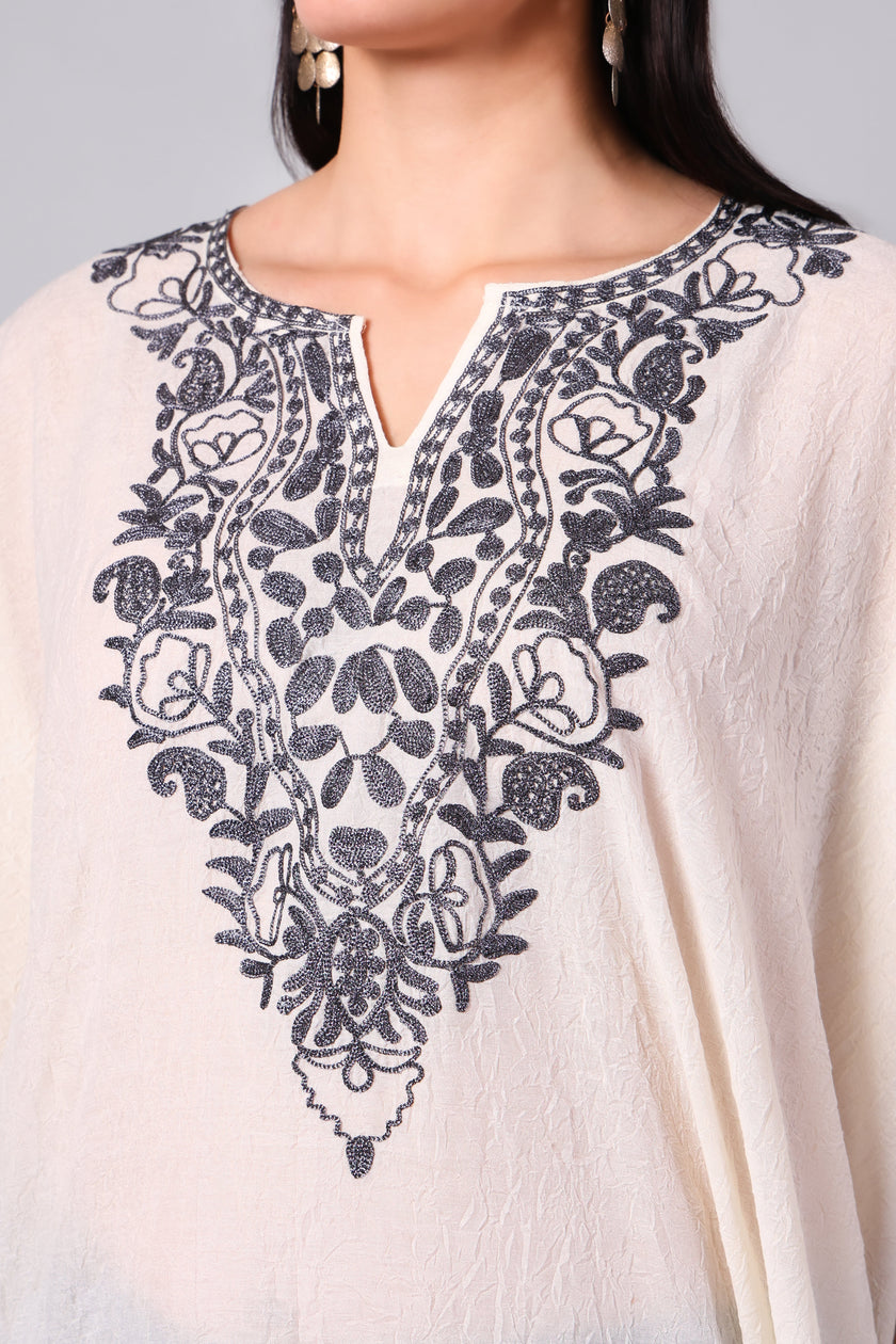 Gulbahar — Off-White Kashmiri Kaftan with Charcoal Aari Embroidery