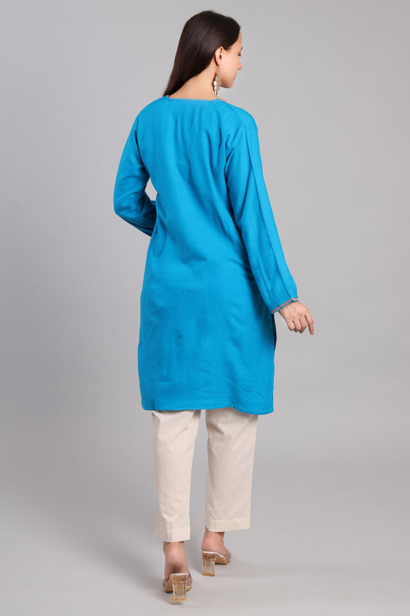 Cerulean Blue Kashmiri Woolen Pheran with Copper Boti Tilla Embroidery
