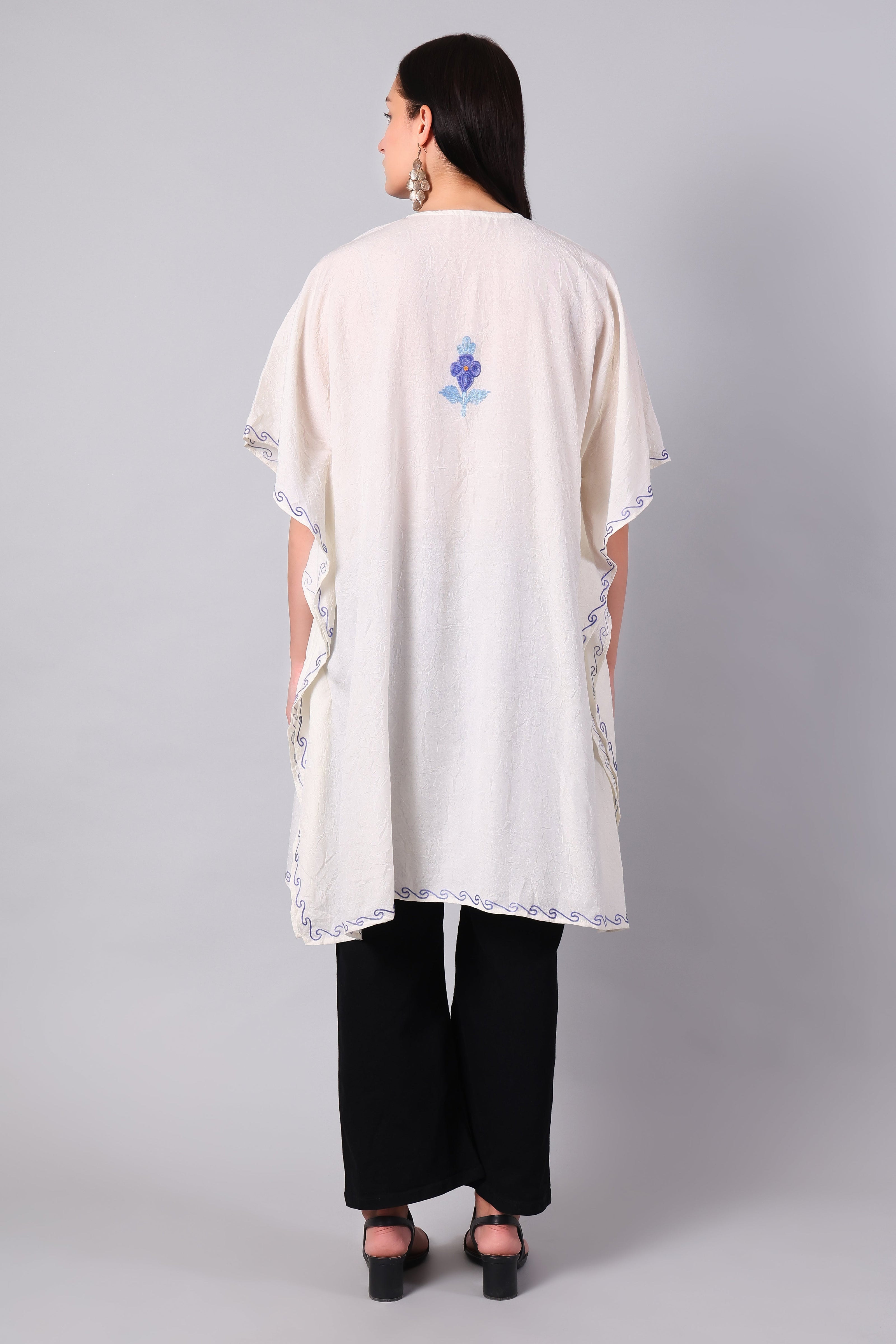 Gulbahar — White Kashmiri Kaftan with Blue Violet Aari Embroidery