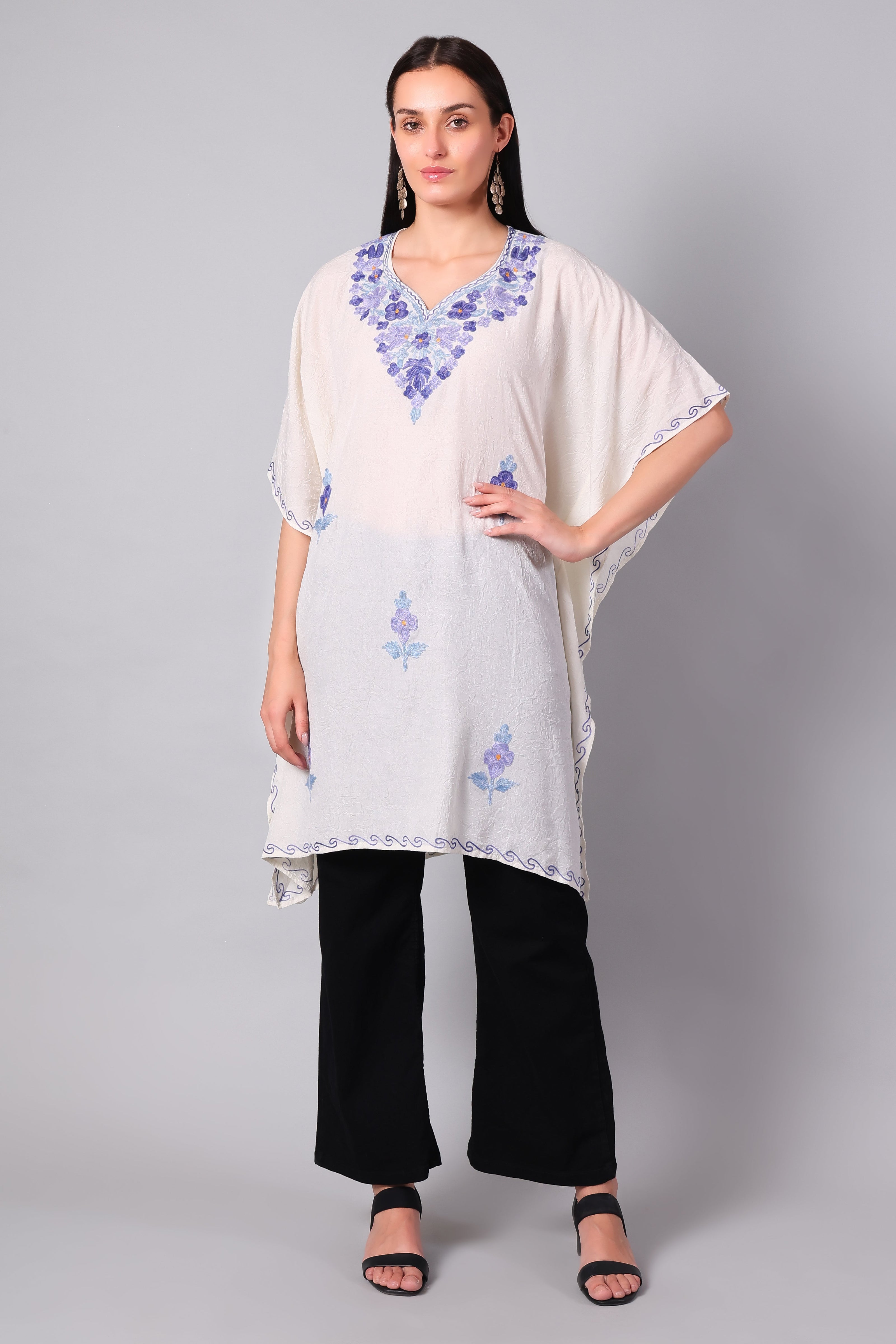 Gulbahar — White Kashmiri Kaftan with Blue Violet Aari Embroidery