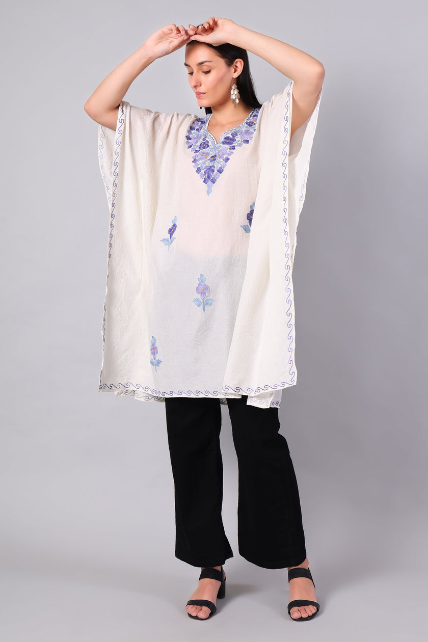 Gulbahar — White Kashmiri Kaftan with Blue Violet Aari Embroidery