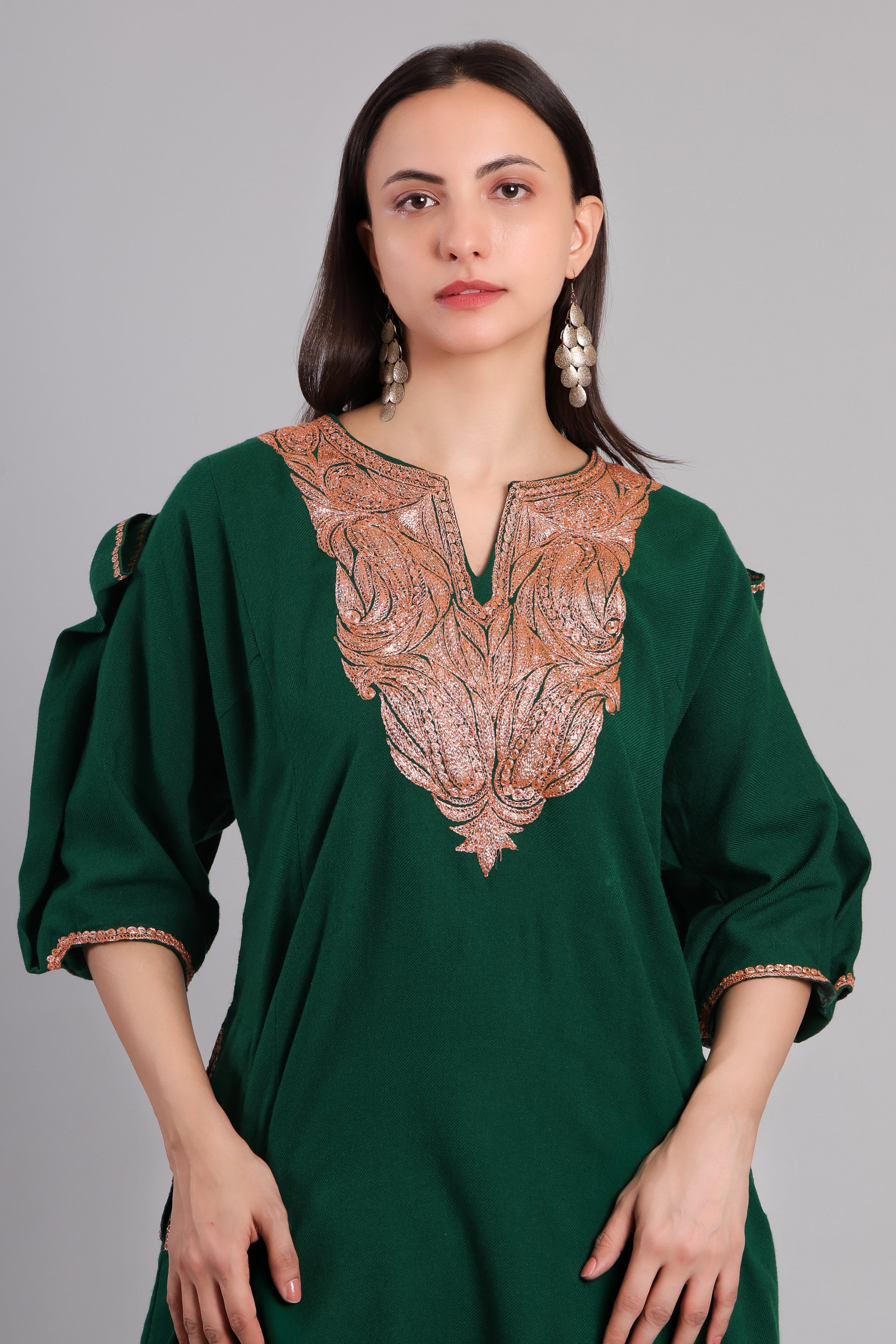 Bottle Green Korab Kashmiri Pheran with Rose Gold Tilla Embroidery