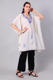 White Kashmiri Kaftan with Blue Violet Aari Embroidery — front view