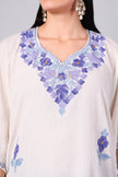 Gulbahar — White Kashmiri Kaftan with Blue Violet Aari Embroidery