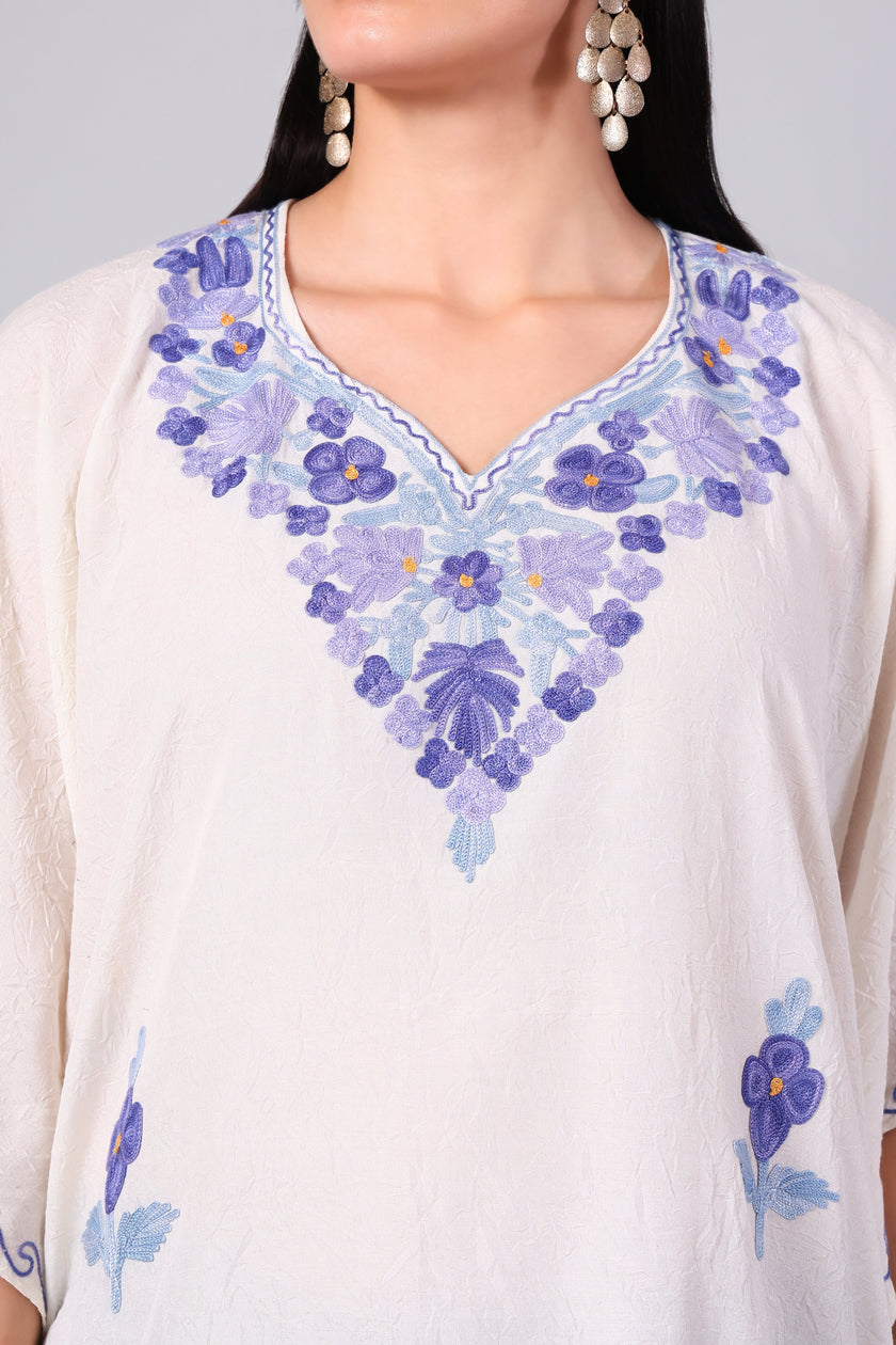Gulbahar — White Kashmiri Kaftan with Blue Violet Aari Embroidery
