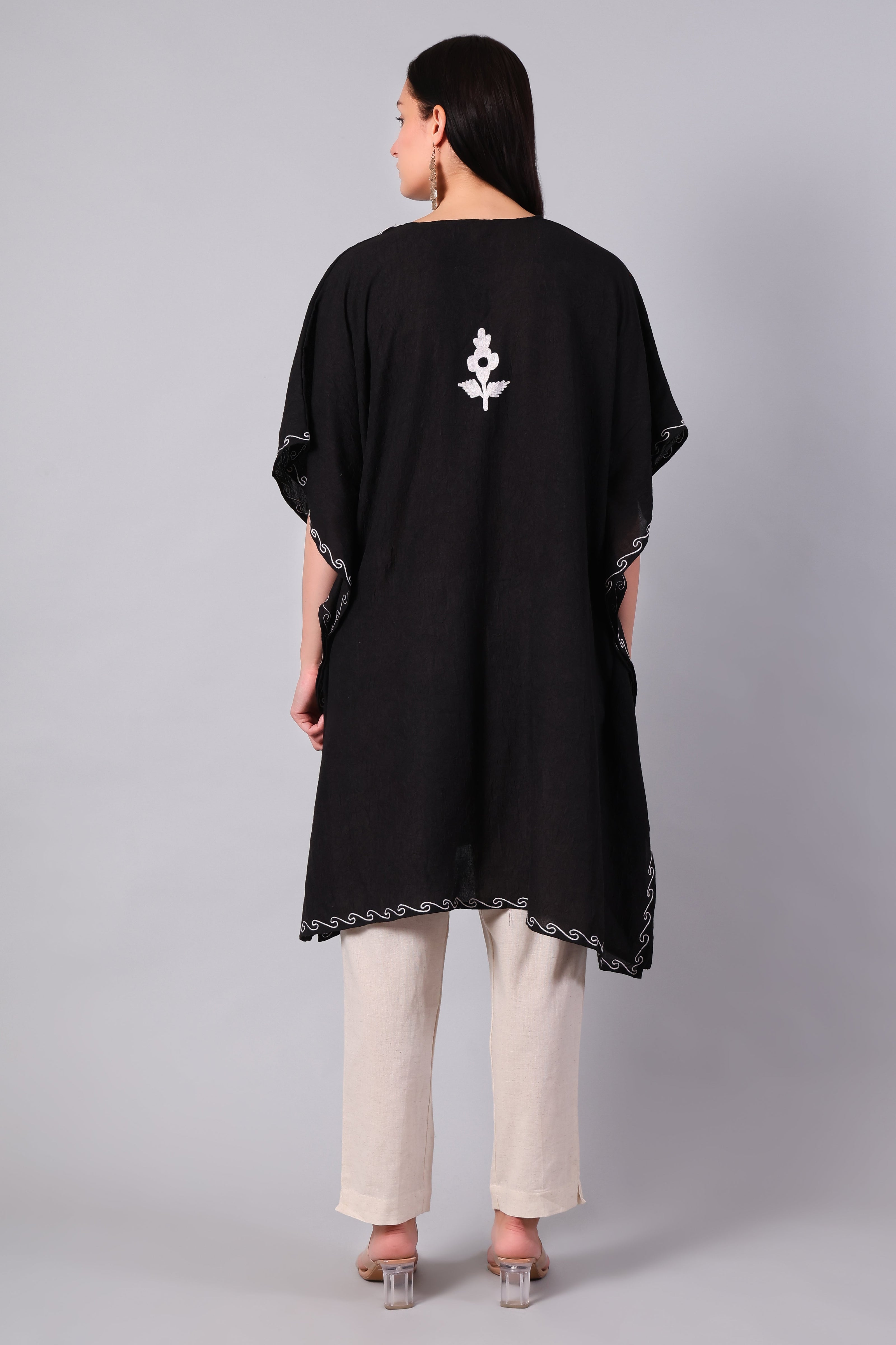 Gulbahar — Black Kashmiri Kaftan with White Daisy Aari Embroidery