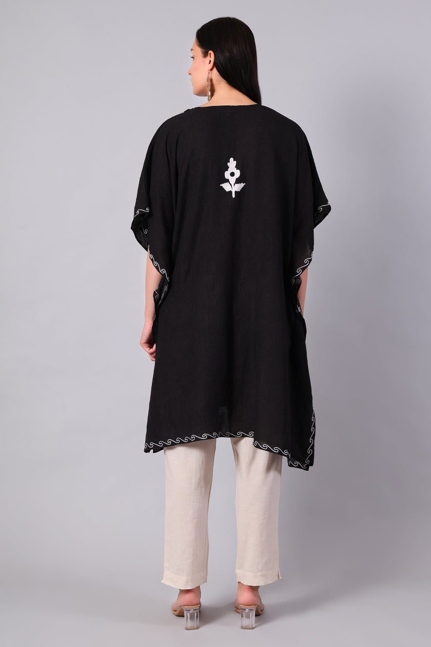 Gulbahar — Black Kashmiri Kaftan with White Daisy Aari Embroidery