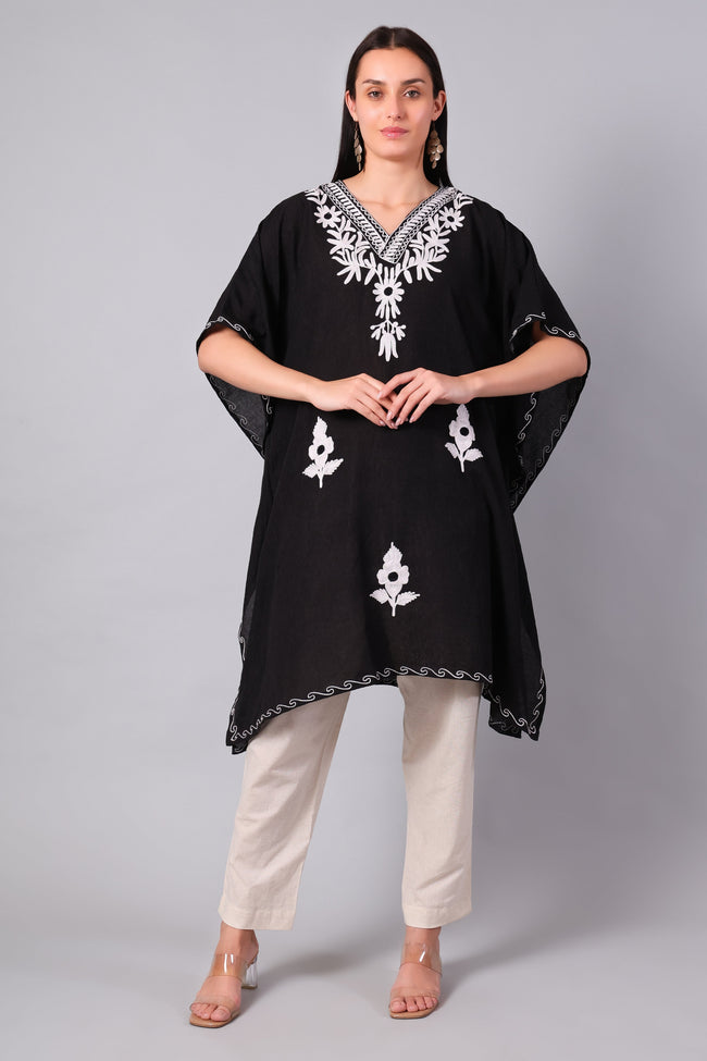 Black Kashmiri Kaftan with White Daisy Aari Embroidery — front view
