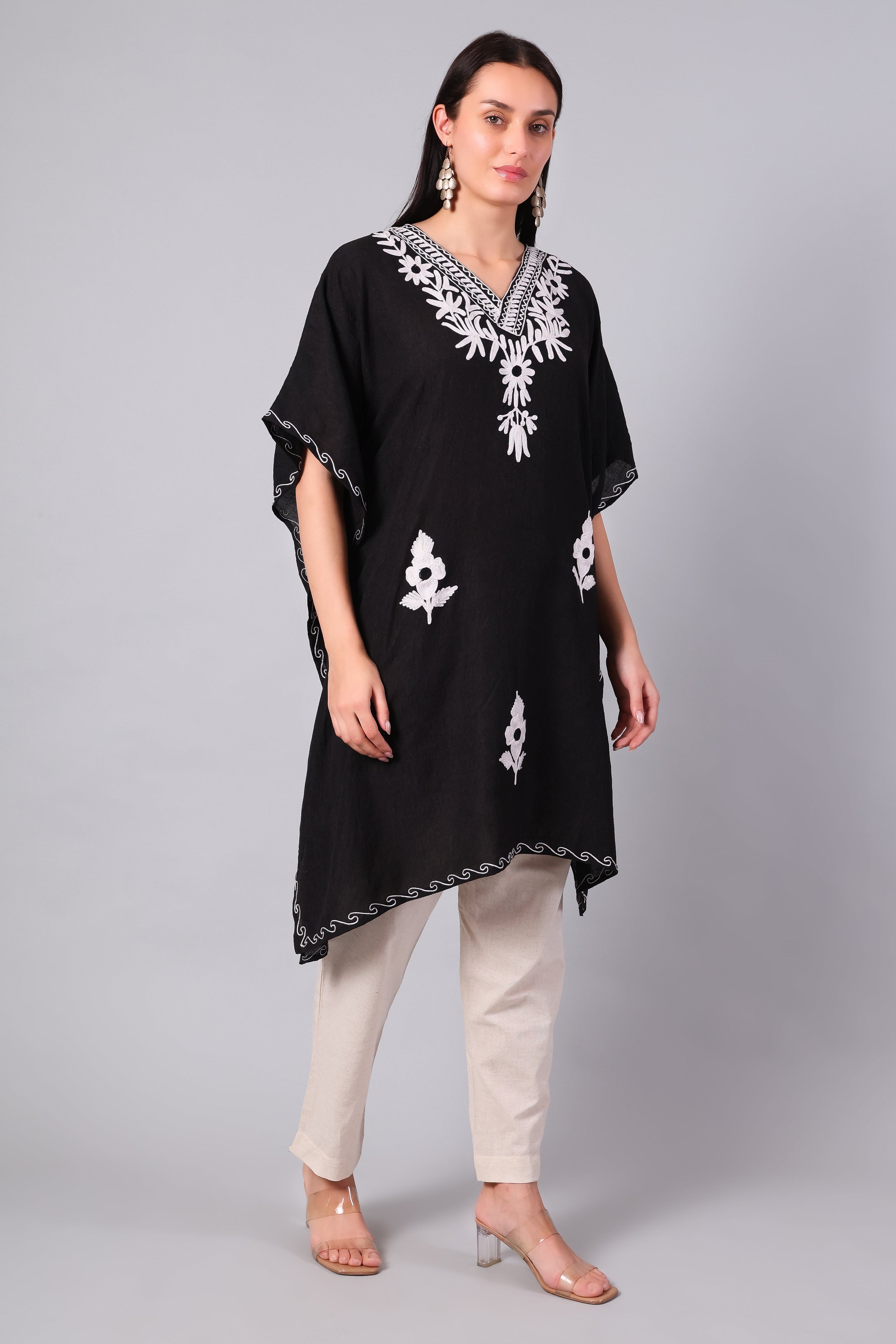 Gulbahar — Black Kashmiri Kaftan with White Daisy Aari Embroidery