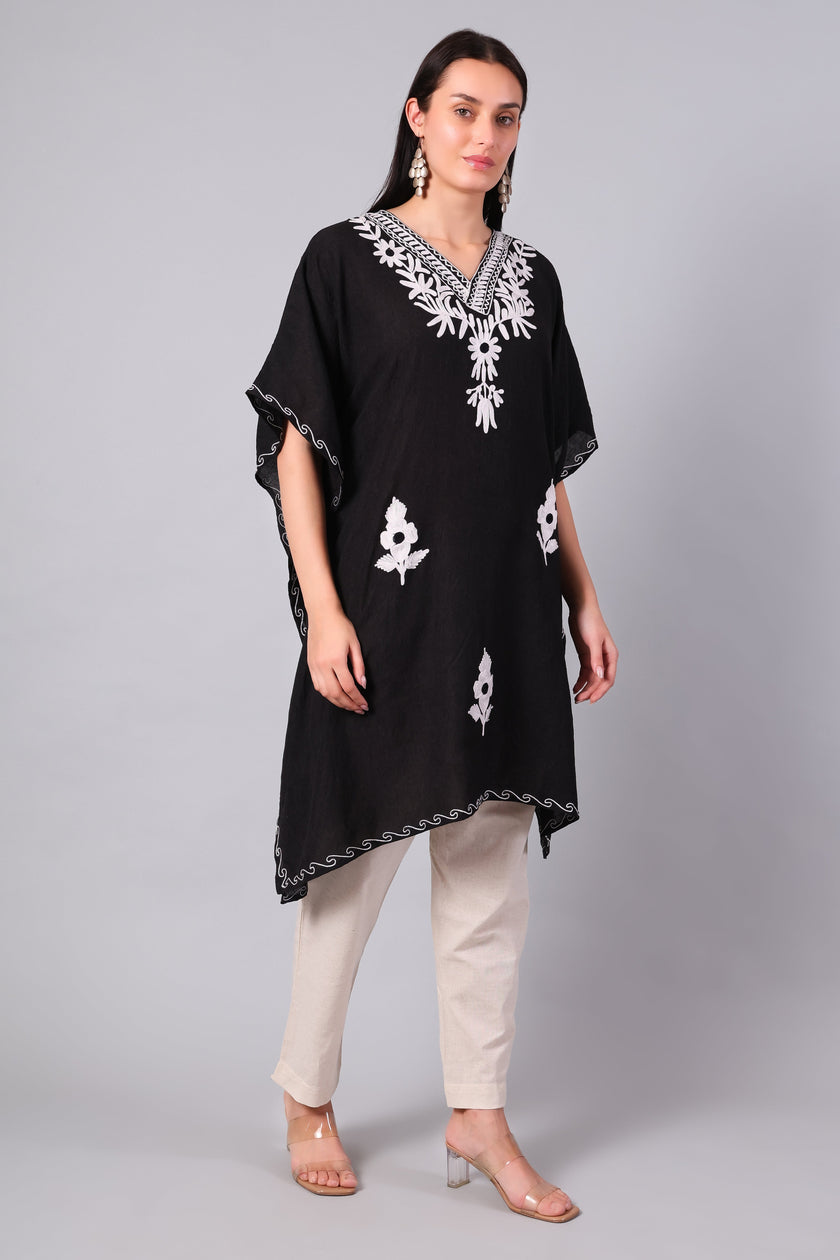 Gulbahar — Black Kashmiri Kaftan with White Daisy Aari Embroidery