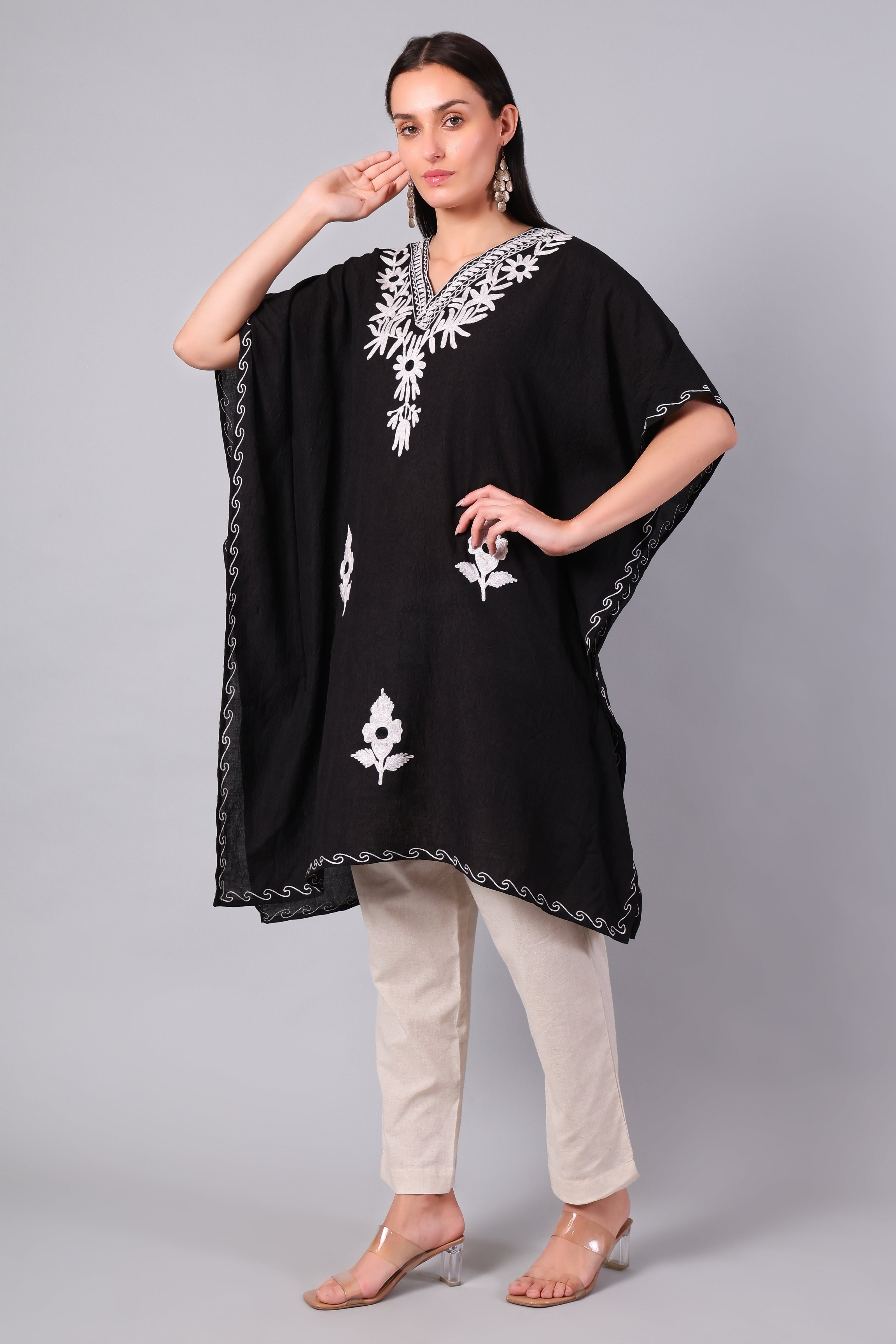 Gulbahar — Black Kashmiri Kaftan with White Daisy Aari Embroidery