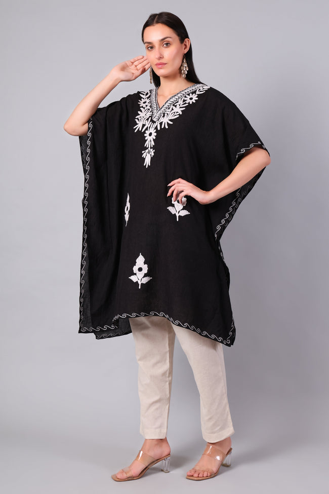 Gulbahar — Black Kashmiri Kaftan with White Daisy Aari Embroidery