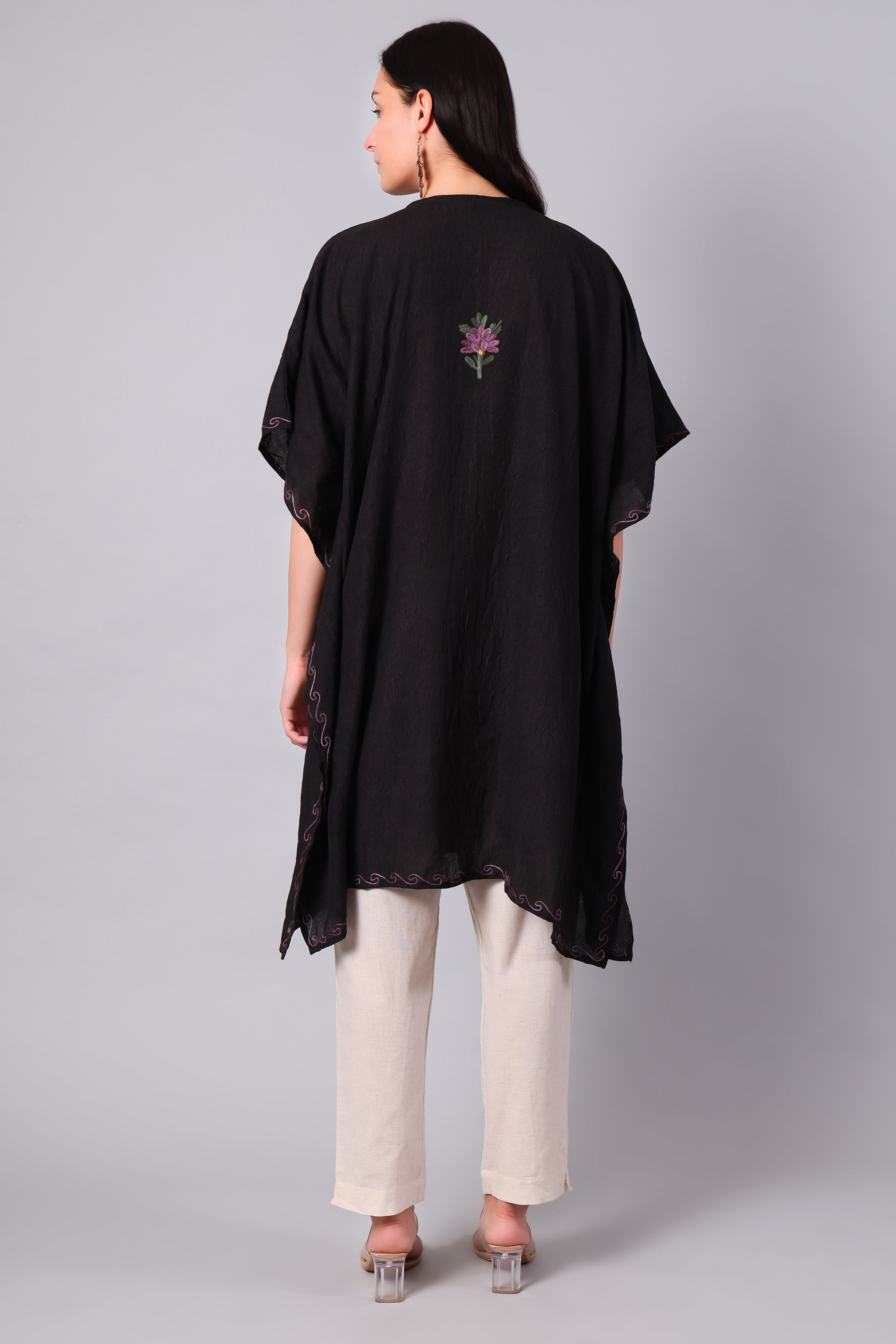 Gulbahar — Black Kashmiri Kaftan with Mauve and Olive Aari Embroidery