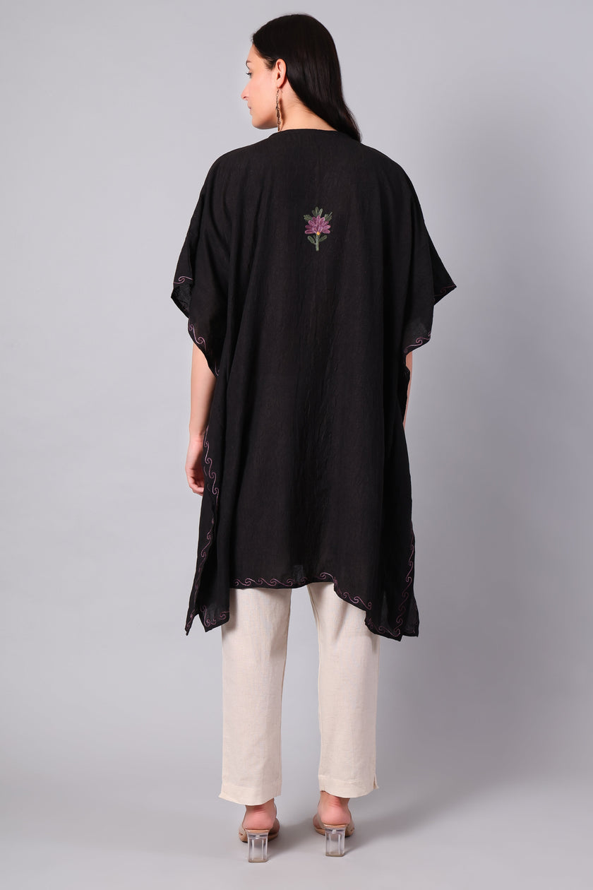 Gulbahar — Black Kashmiri Kaftan with Mauve and Olive Aari Embroidery