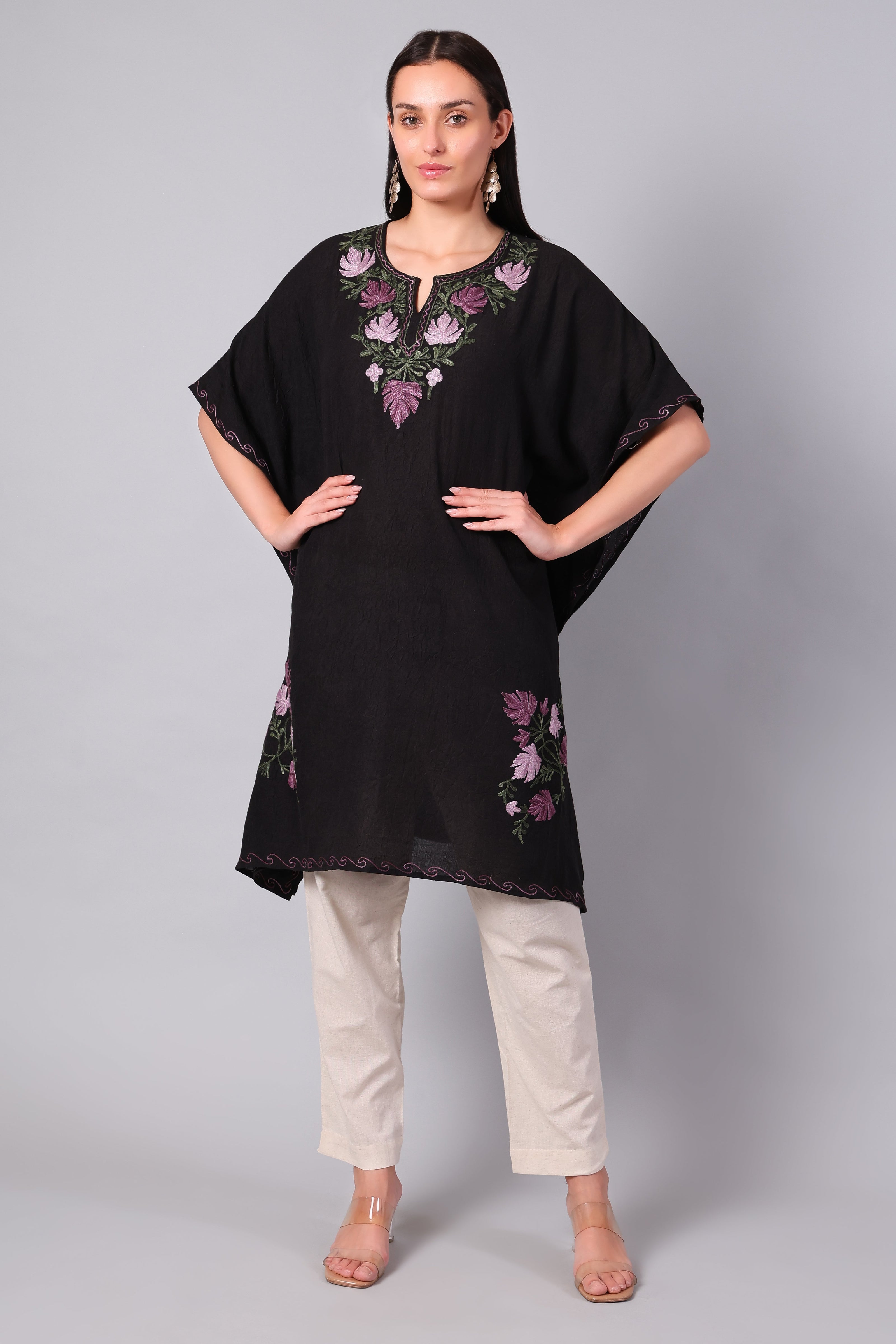 Black Kashmiri Kaftan with Mauve and Olive Aari Embroidery — front view
