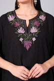 Gulbahar — Black Kashmiri Kaftan with Mauve and Olive Aari Embroidery