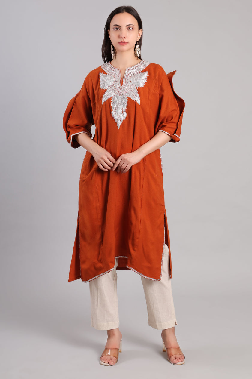 Terracotta Ember Korab Kashmiri Pheran with Silver Tilla Embroidery