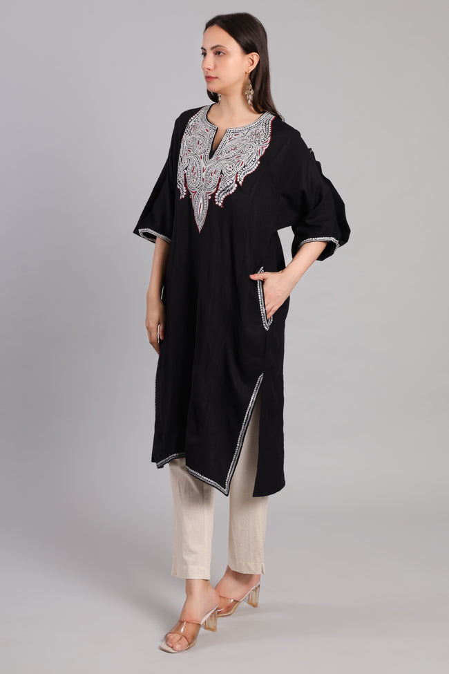 Black Korab Kashmiri Pheran with Silver Tilla Embroidery and Red Accents
