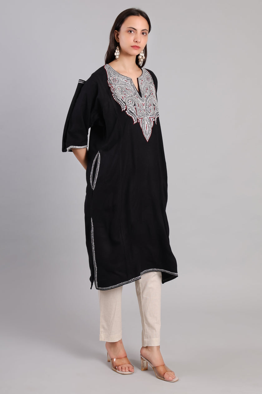 Black Korab Kashmiri Pheran with Silver Tilla Embroidery and Red Accents