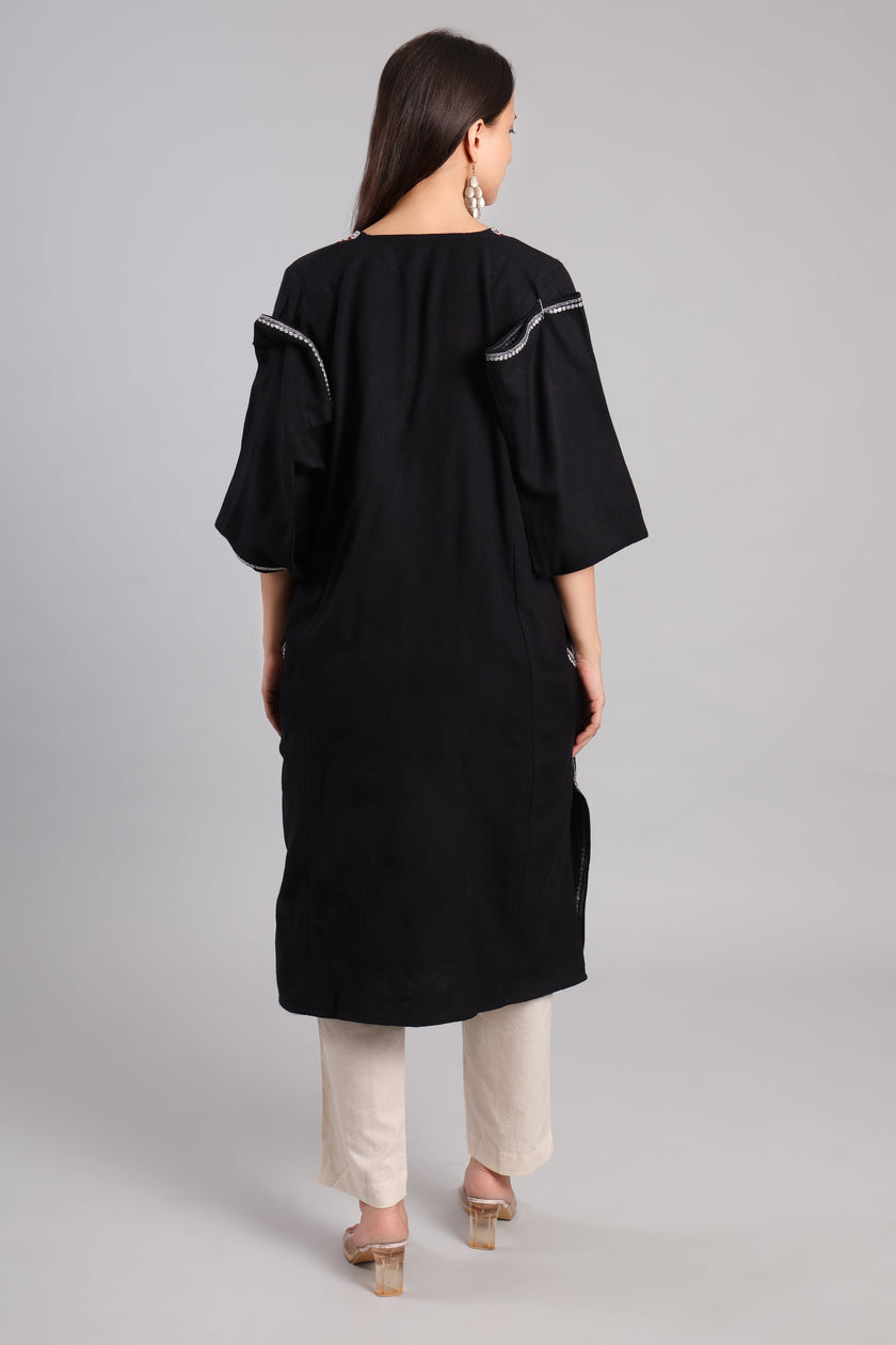 Black Korab Kashmiri Pheran with Silver Tilla Embroidery and Red Accents