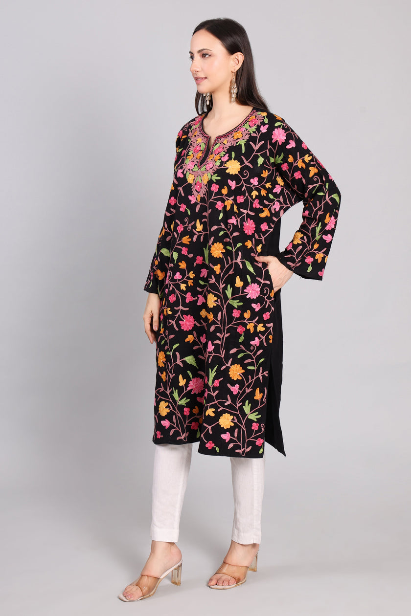 Midnight Black Kashmiri Pheran with Jaal Aari Embroidery