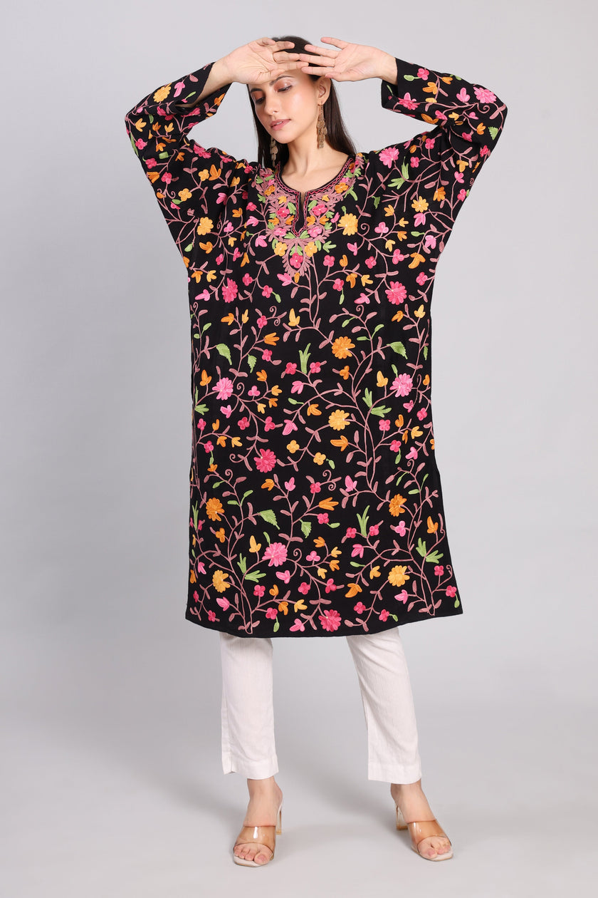 Midnight Black Kashmiri Pheran with Jaal Aari Embroidery