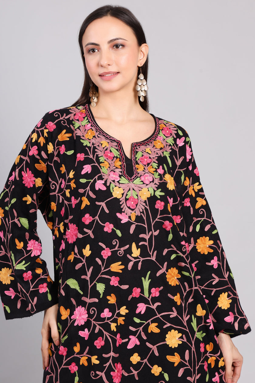 Midnight Black Kashmiri Pheran with Jaal Aari Embroidery
