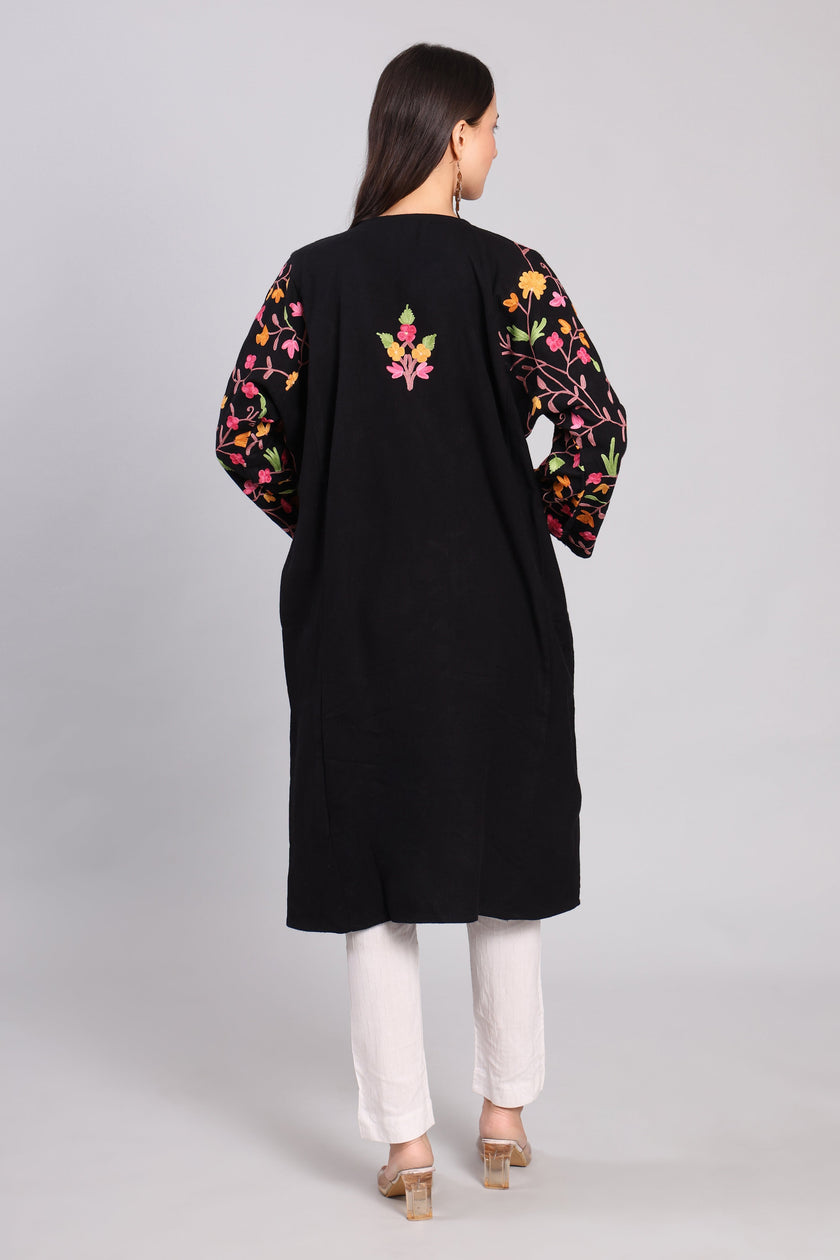 Midnight Black Kashmiri Pheran with Jaal Aari Embroidery