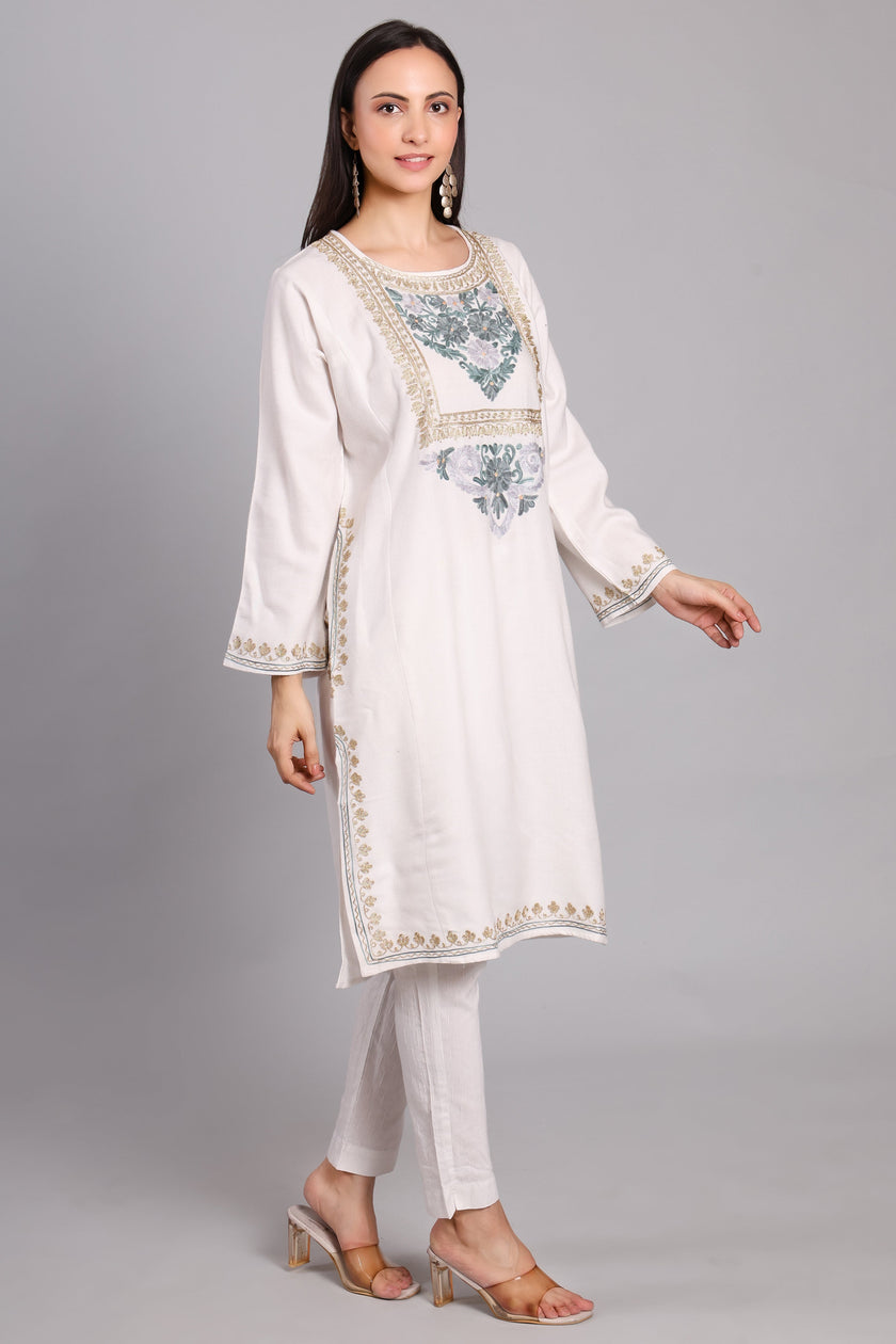 Celestial White Kashmiri Pheran with Aari and Zari Embroidery