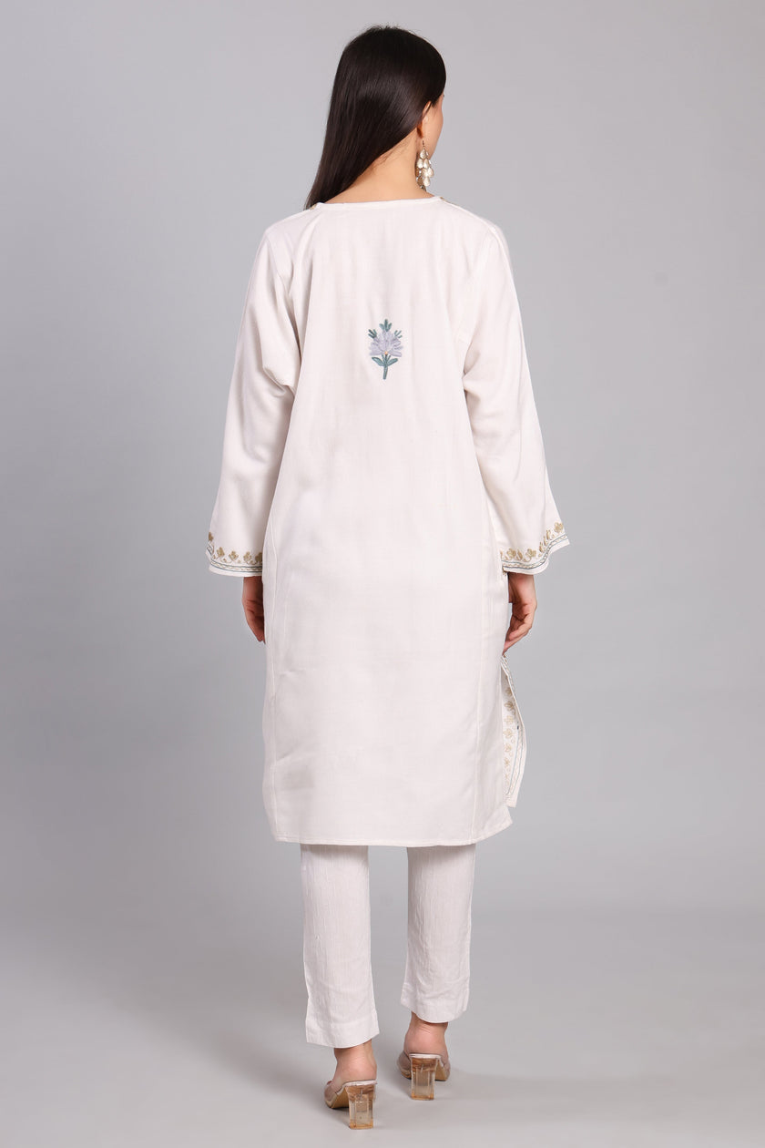 Celestial White Kashmiri Pheran with Aari and Zari Embroidery