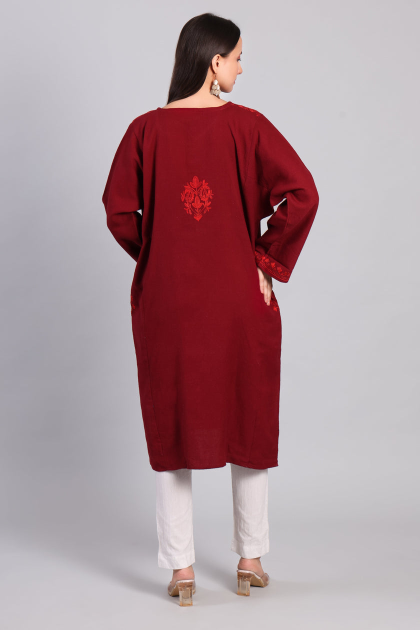 Rang-e-Surkh Deep Maroon Pheran with Tone-on-Tone Aari Kashmiri Embroidery