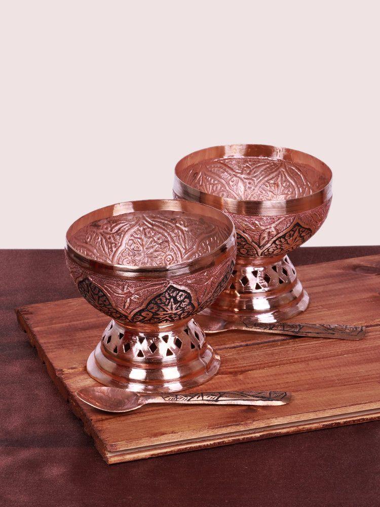 Kandkaari Artisan Copper Ice-Cream Bowl - Handmade Kashmiri Coperware (Set of 6 with spoons) - Hamiast