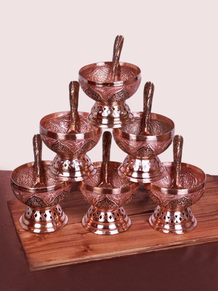 Kandkaari Artisan Copper Ice-Cream Bowl - Handmade Kashmiri Coperware (Set of 6 with spoons) - Hamiast
