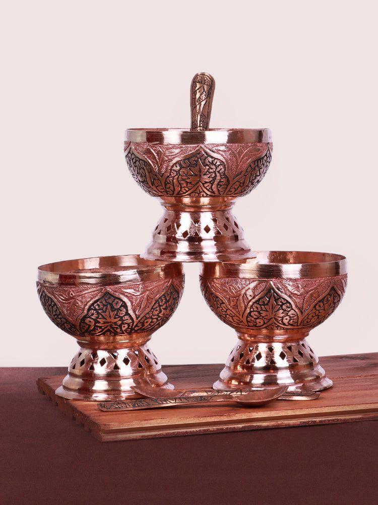 Kandkaari Artisan Copper Ice-Cream Bowl - Handmade Kashmiri Coperware (Set of 6 with spoons) - Hamiast