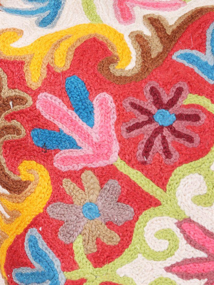 Kashmiri Aviary Flourish: Artisanal Chain Stitch Bird & Bloom Cushion Cover - Hamiast