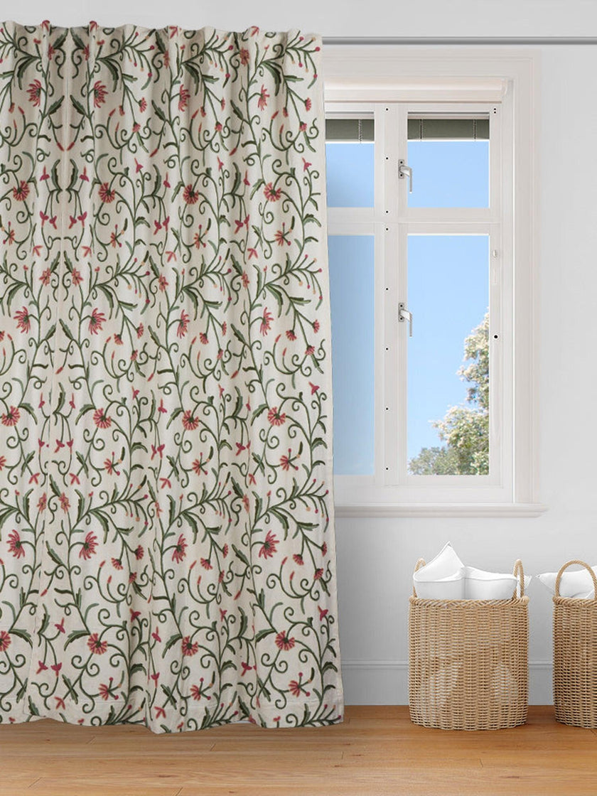 Kashmiri Crewel Embroidered Dusoot Cotton Curtain - White with Colorful Floral Design - Hamiast