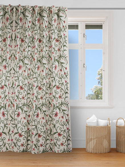 Kashmiri Crewel Embroidered Dusoot Cotton Curtain - White with Colorful Floral Design - Hamiast