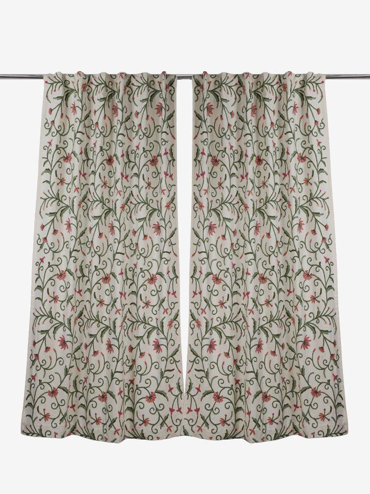 Kashmiri Crewel Embroidered Dusoot Cotton Curtain - White with Colorful Floral Design - Hamiast